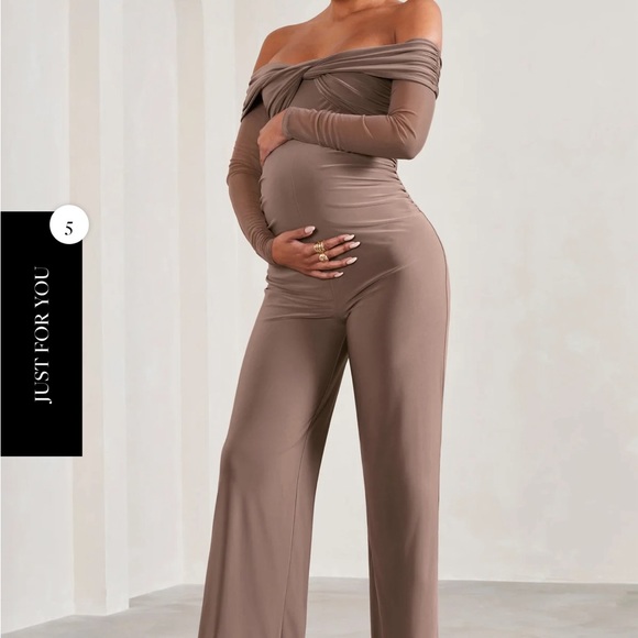 Kyla | Mocha Ruched Bardot Long-Sleeved Wide-Leg Maternity Jumpsuit - Picture 3 of 4